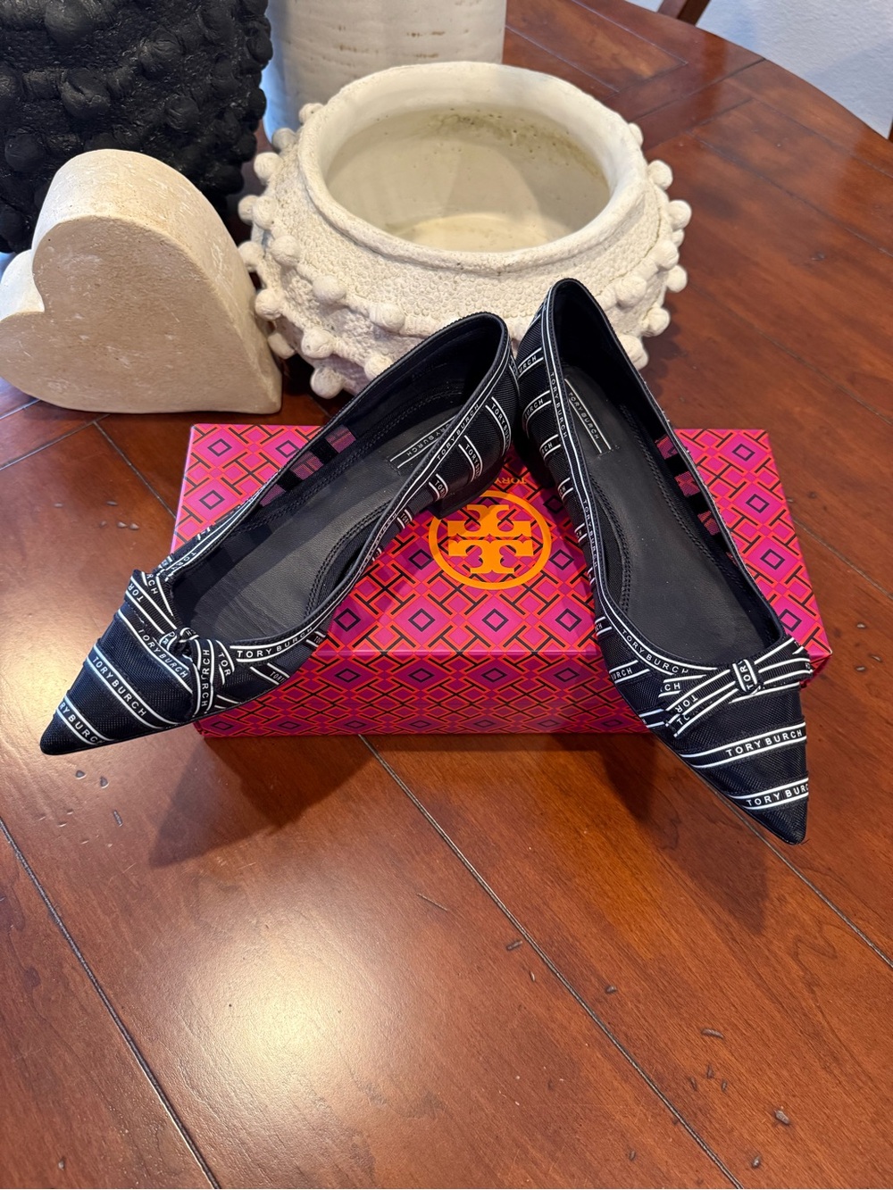 Tory Burch Black and White Pointed Logo-Striped Flats